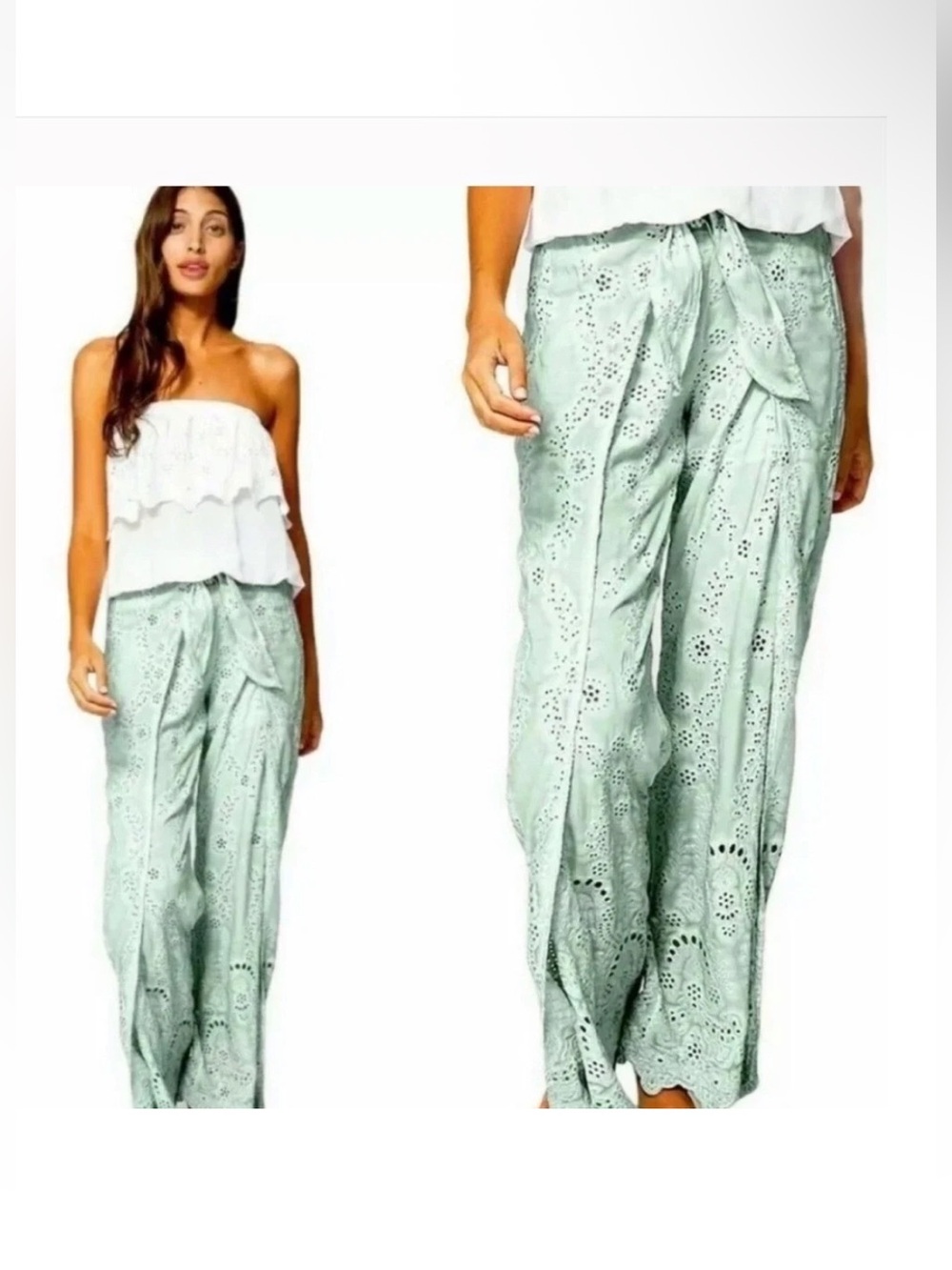 YF&B Light mint  Eyelet Wide-Leg Pants - Women S